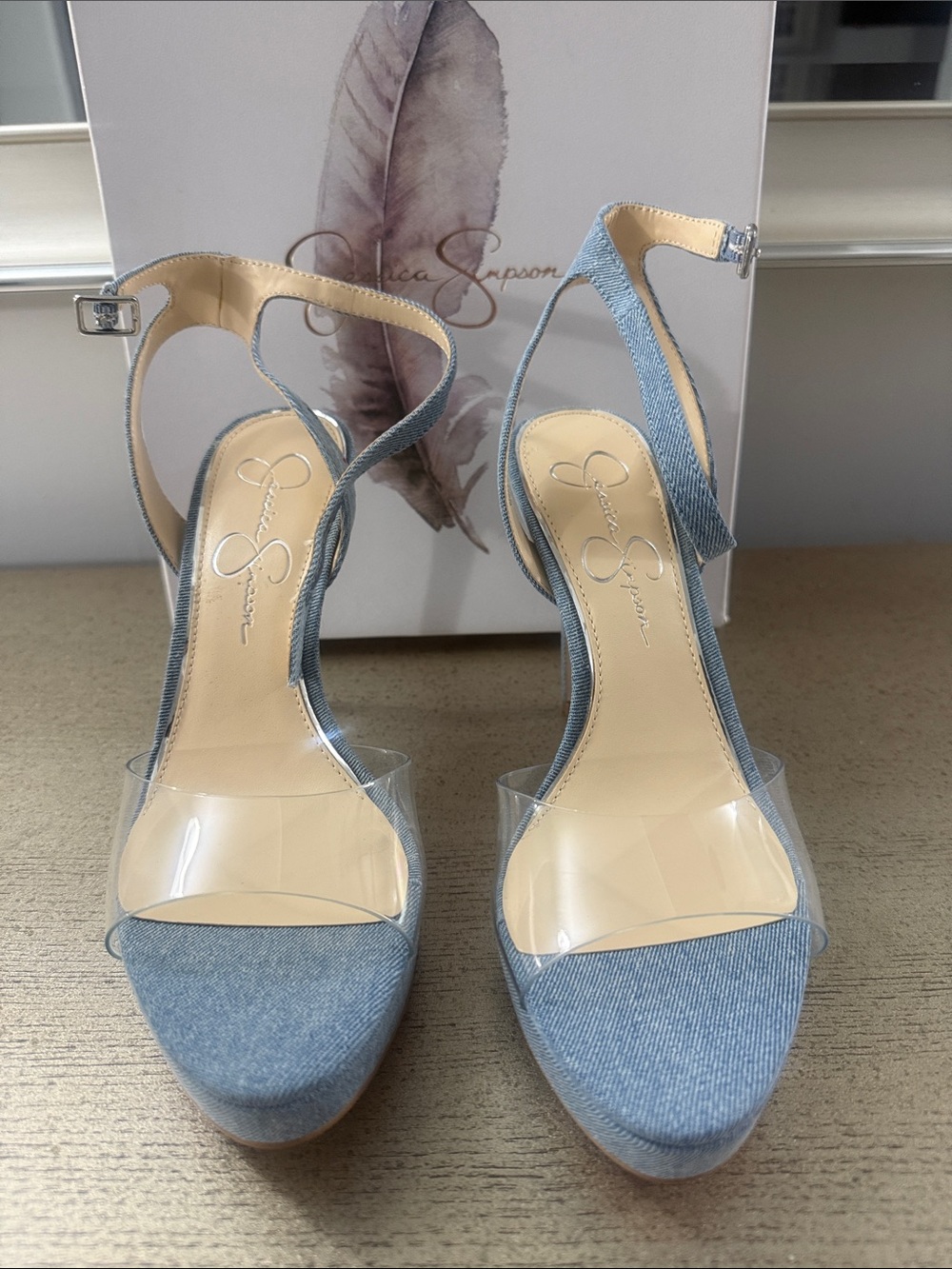 Jessica Simpson Light Blue Denim Clear Strap Ankle-Heel Sandals - Picture 2 of 6